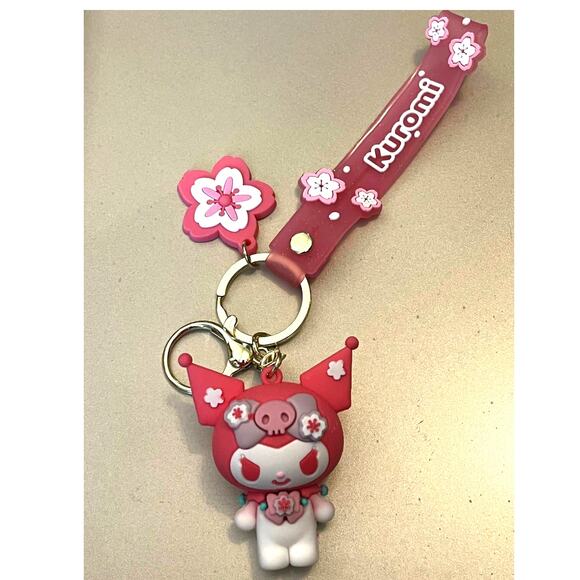 Hello Kitty Villain KUROMI WRISTBAND KEYCHAIN Key Ring Clip Bag Fob Flower Charm - Picture 7 of 8